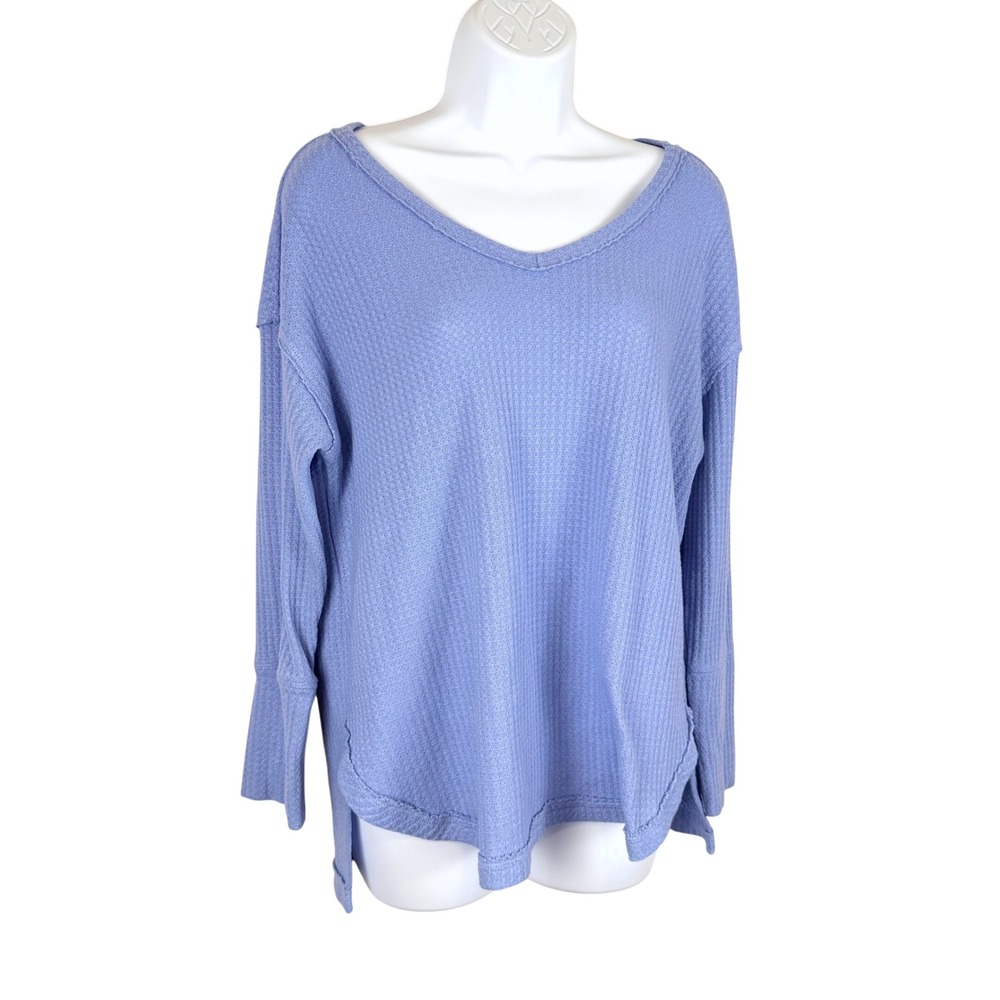 Waffle Knit Sweater S Oversized V-Neck Long Sleeve Drop Shoulder Beachy Lounge